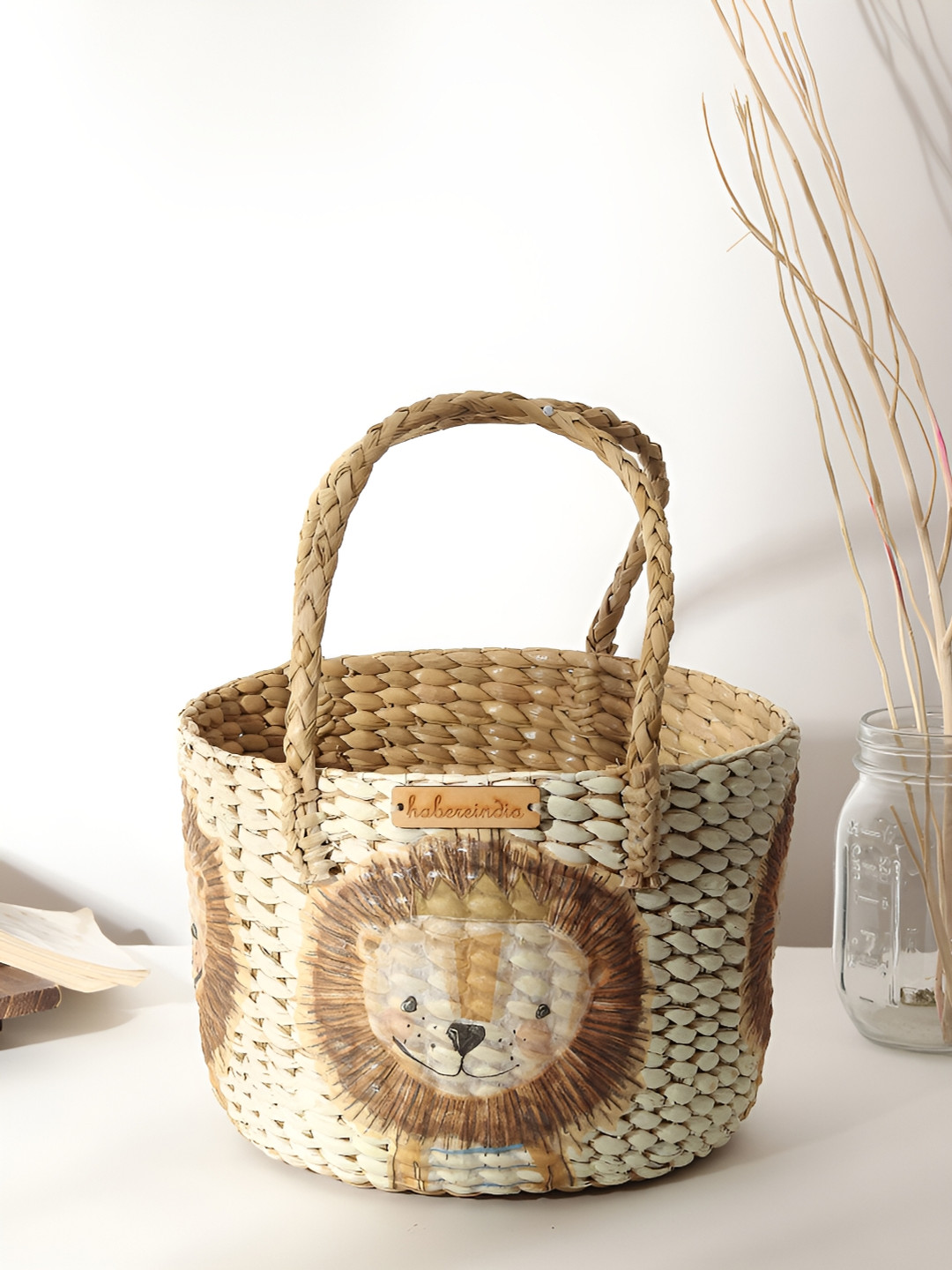 HABERE INDIA Beige & Brown Seagrass Hand-Painted Fruit and Vegetable Basket