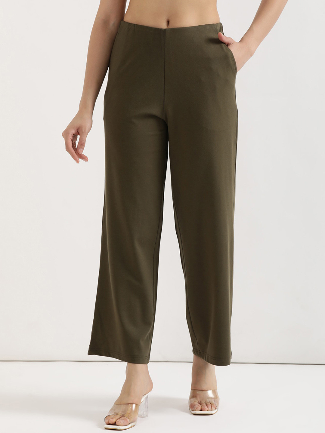 SAADAA Women Straight Fit Wide Leg High-Rise Trouser