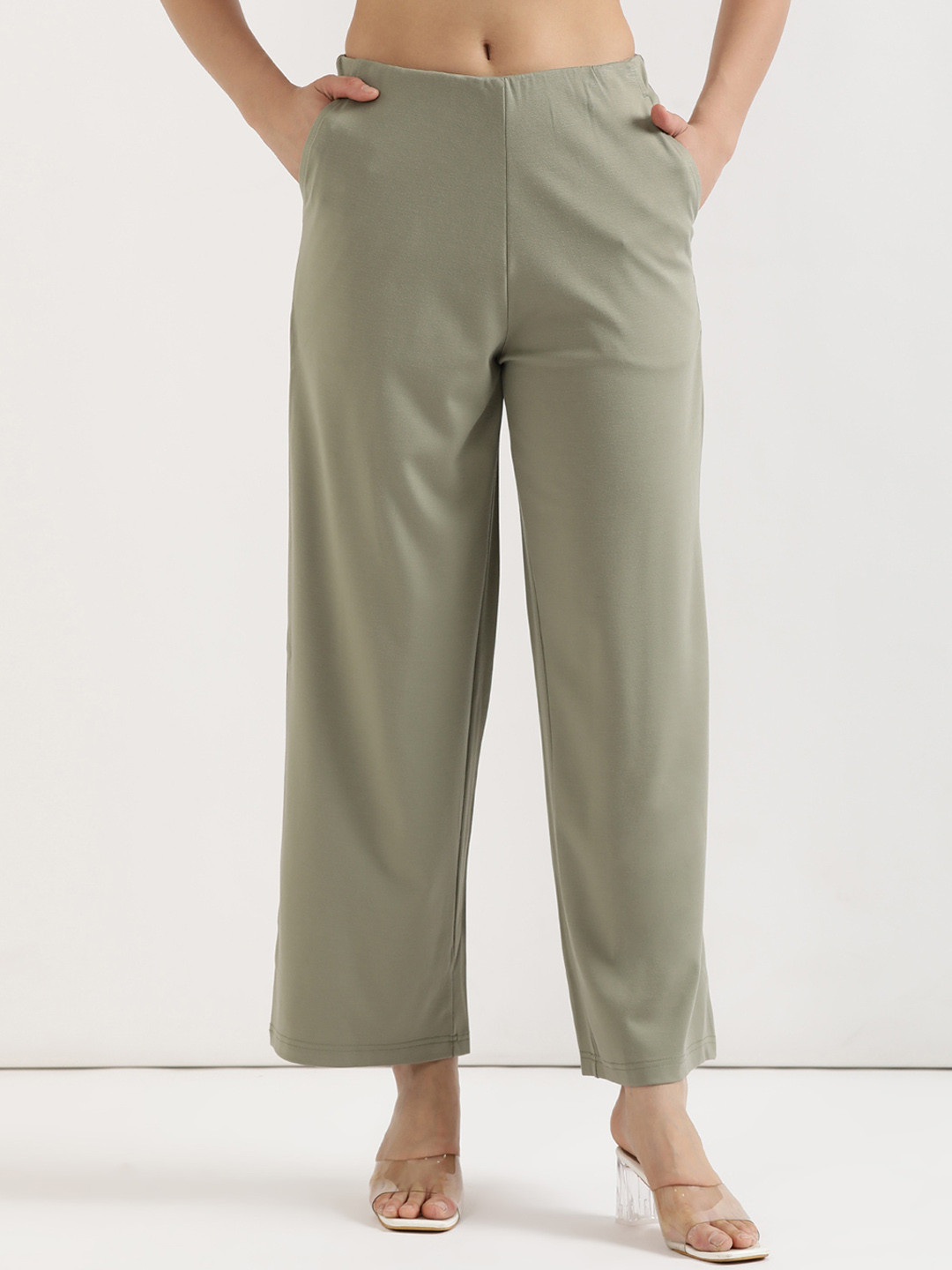 SAADAA Women Straight Fit High-Rise Wide Leg Parallel Trouser