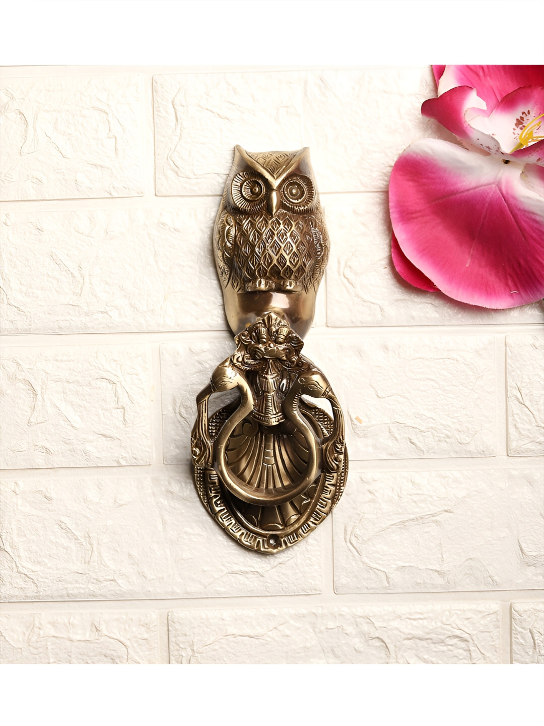 Two Moustaches Brown Owl Over Twin Peacock Ring Brass Door Knocker