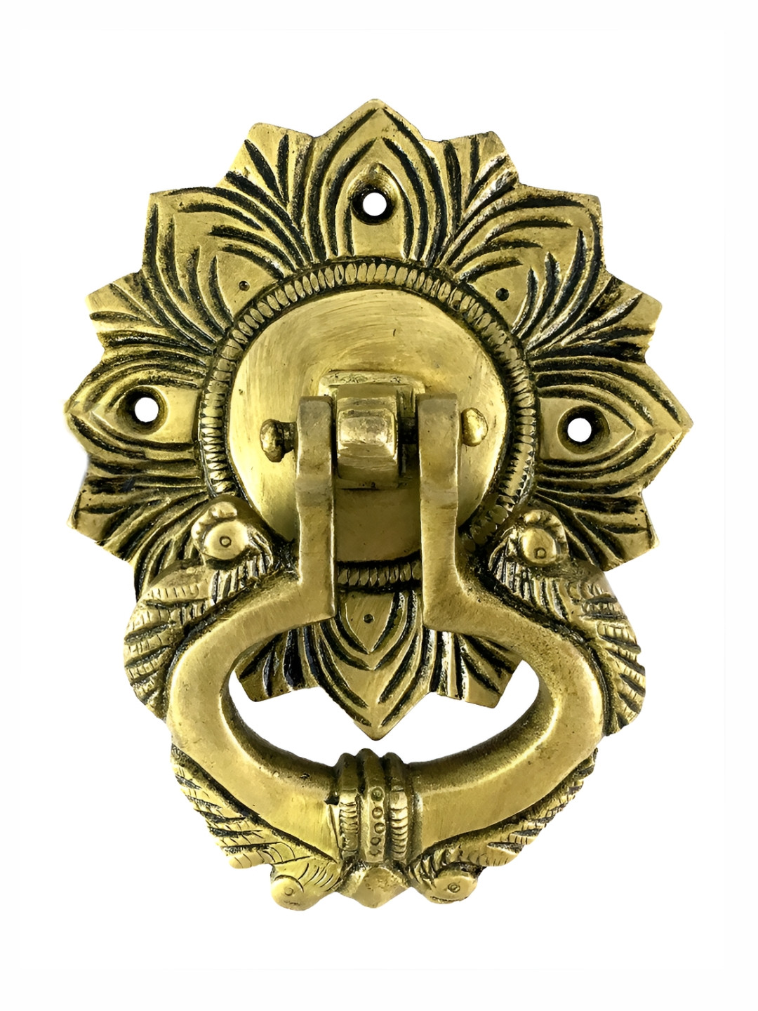 Two Moustaches Gold Toned Textured Peacock Over Ring Door Knocker