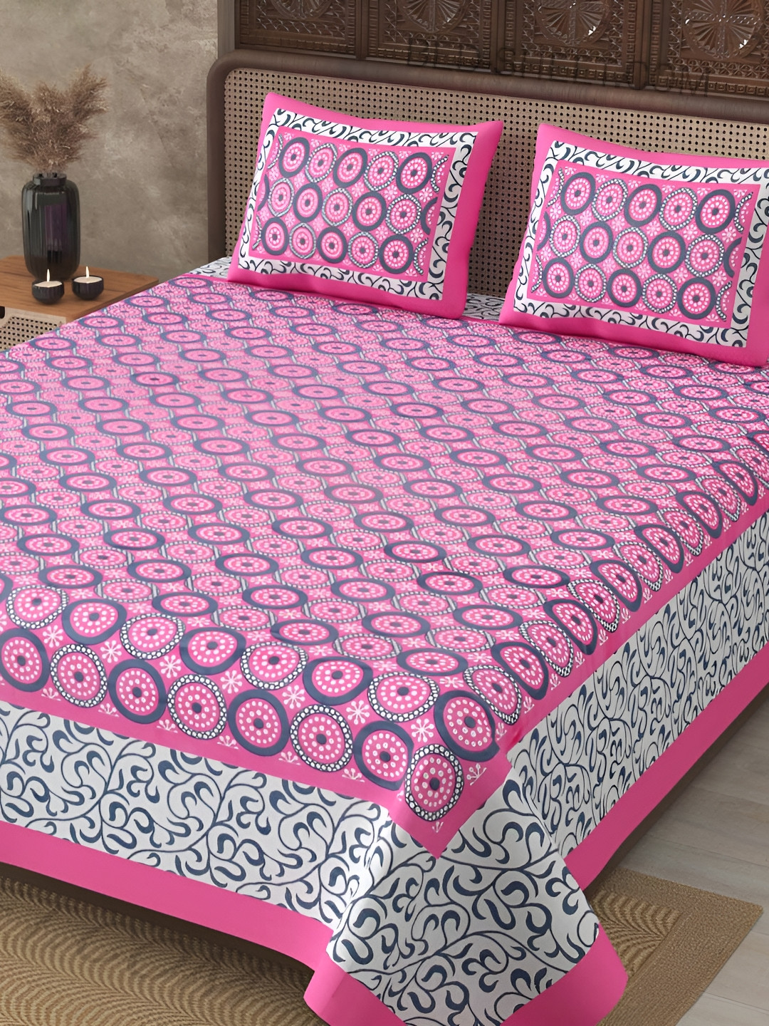 JAIPUR FABRIC Whitebasecirclepatternscreenprint Pink Geometric Pure Cotton 120 TC King Bedsheet with 2 Pillow Covers-59 x 87 inches