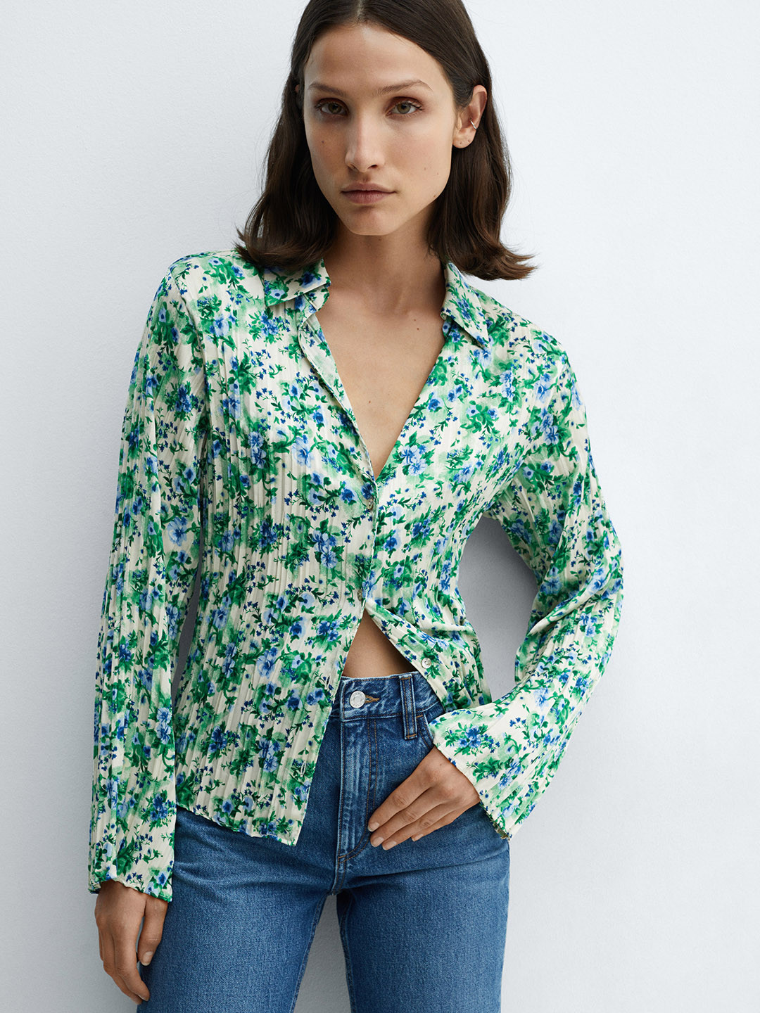 MANGO Floral Print Shirred Shirt