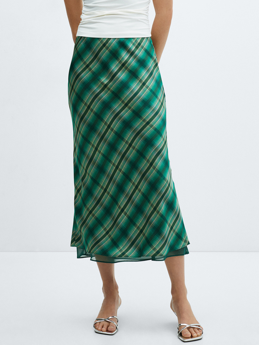 MANGO Checked A-Line Midi Skirt