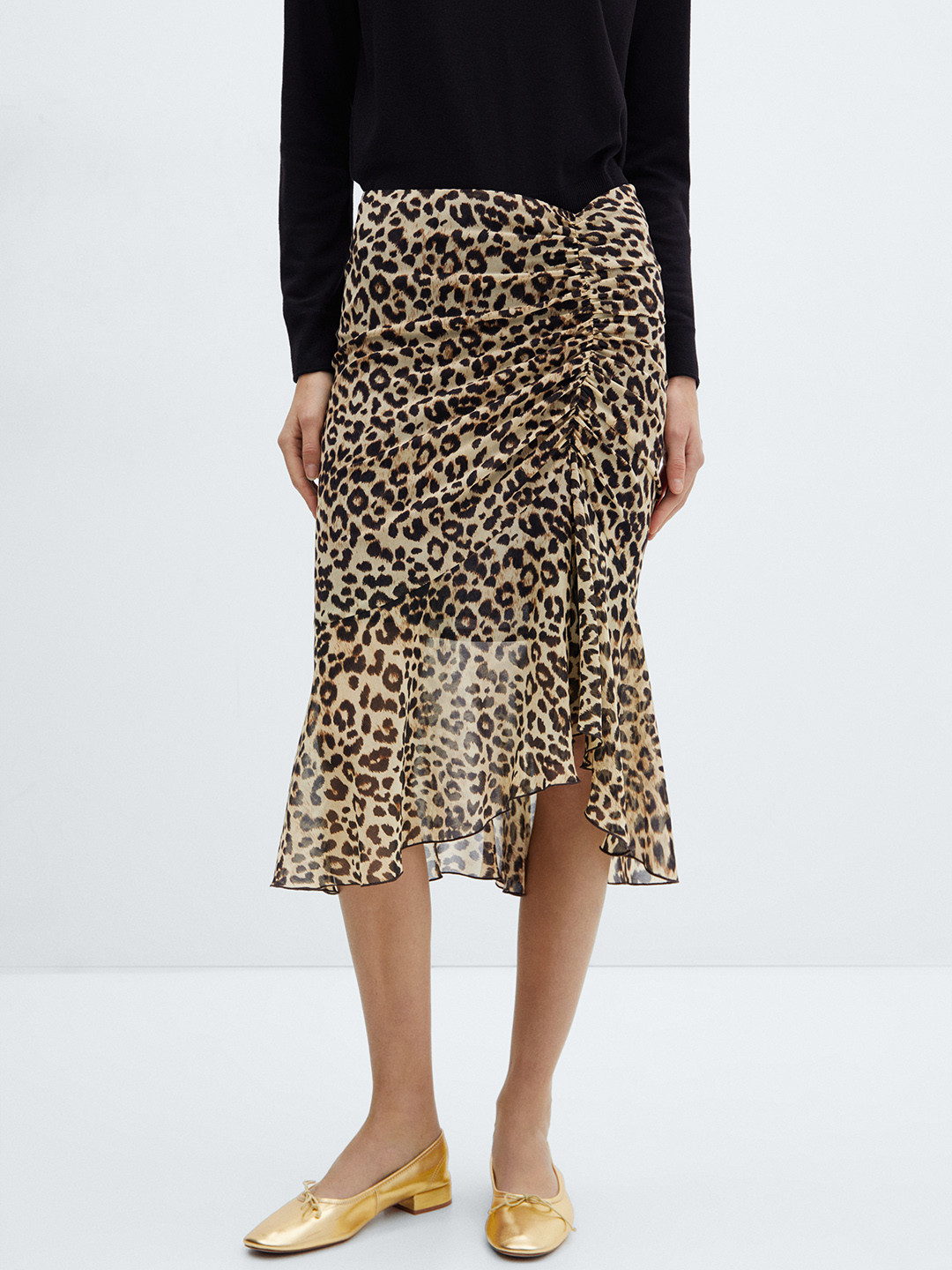MANGO Animal Printed A-Line Skirt with Gathered Detail