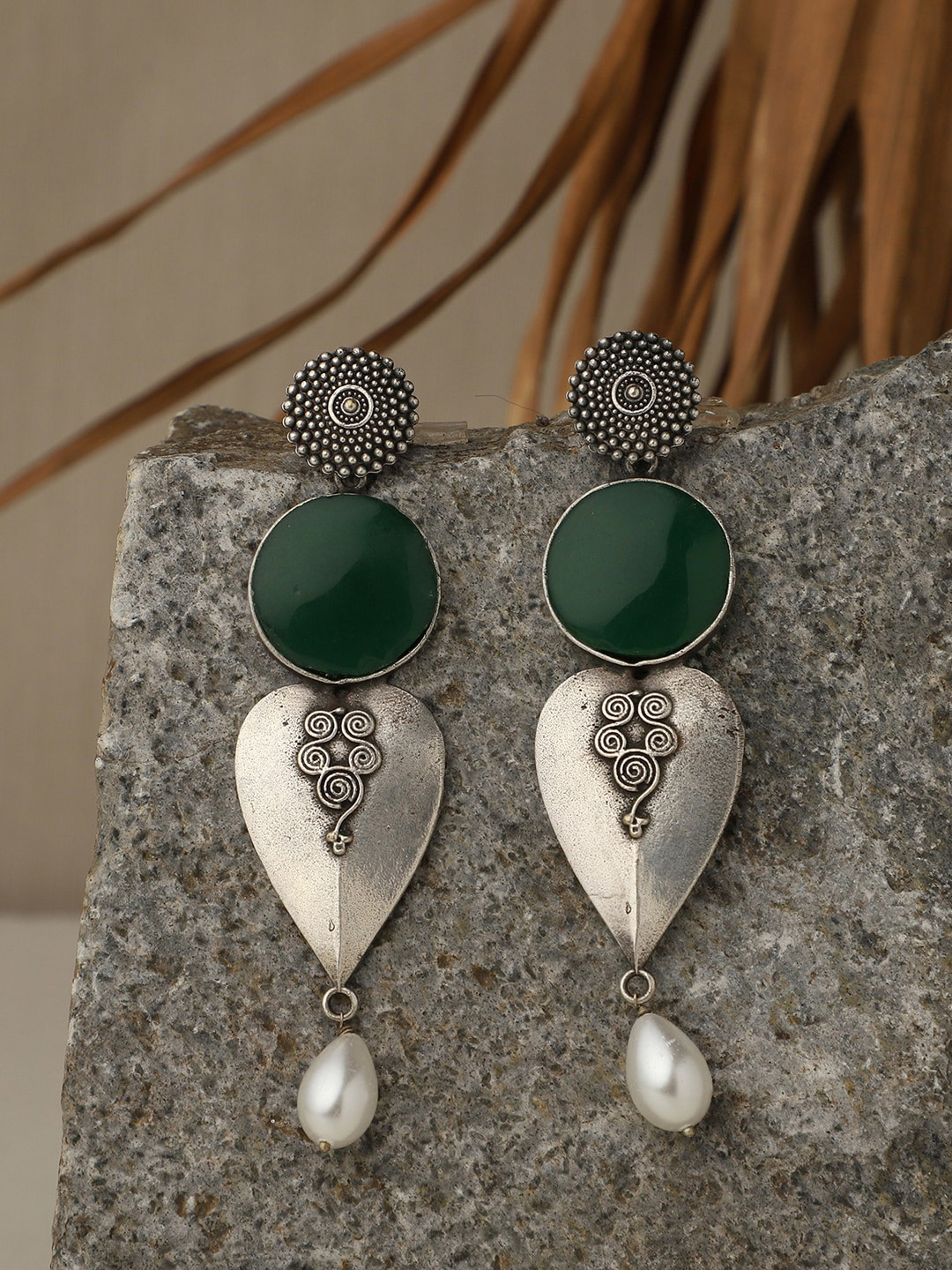 VENI Silver-Plated Oxidised Contemporary Drop Earrings