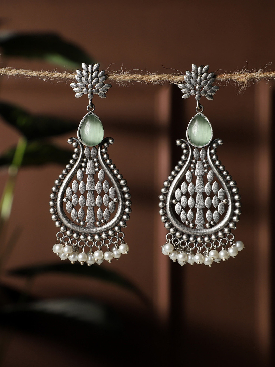 VENI 92.5 Silver Oxidised Contemporary Drop Earrings