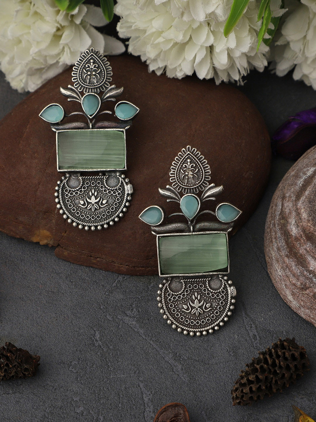 VENI 92.5 Silver-Plated Oxidised Contemporary Drop Earrings