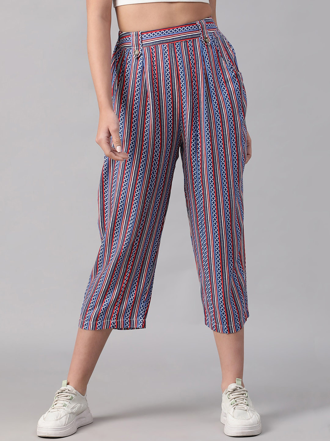 Oxolloxo Women Striped Smart Straight Fit Easy Wash Pleated Culottes