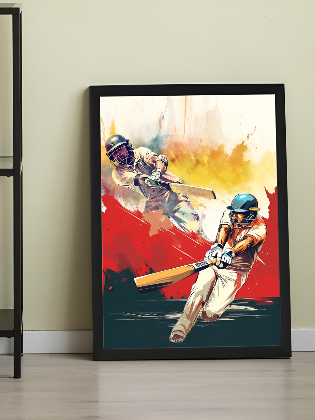 Art Street Two Cricket Batsmans Synthetic Wood Paintings Wall Art -12.69 x 17.5In