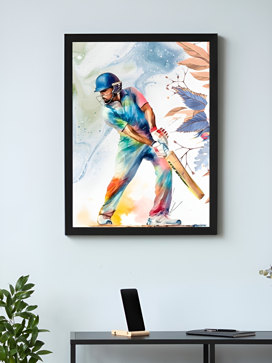 Art Street Black & White Framed Art Print Cricket Batsman Playing Poster