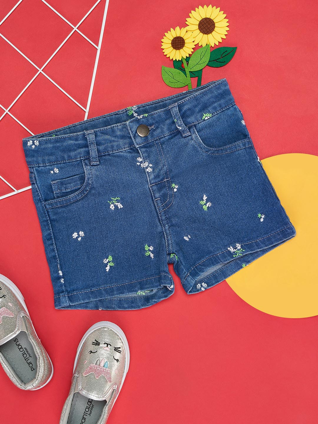 Pantaloons Junior Girls Floral Embroidered Denim Shorts