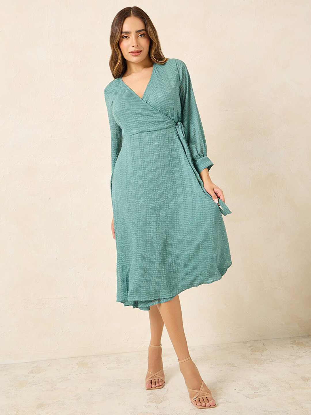 Styli Women's Green Full Sleeves Wrap Self Design Midi Dress