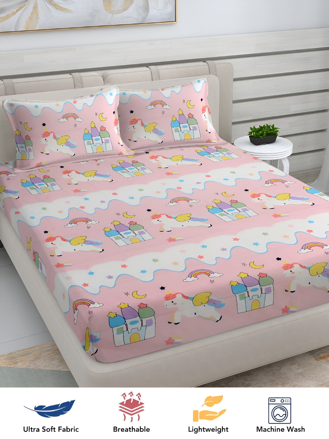 FABINALIV Pink & White Cartoon Print 300 TC King Size Bedsheet & 2 Pillow Covers