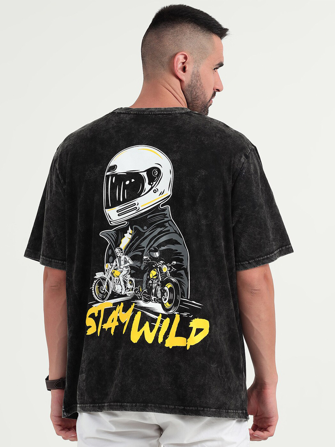 WANDERLOOMS Men Typography Printed Drop-Shoulder Sleeves Riding Sports Cotton T-shirt