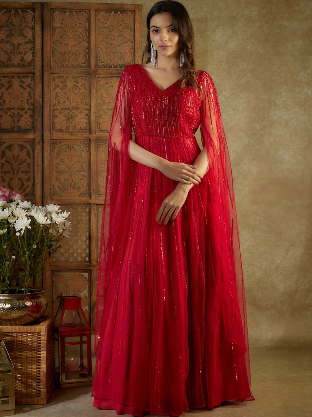 Mehak Murpana V-Neck Embellished Net Maxi Dress