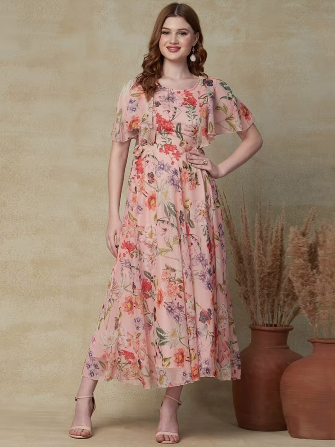 Peachmode Floral Printed Chiffon Fit And Flare Maxi Dress