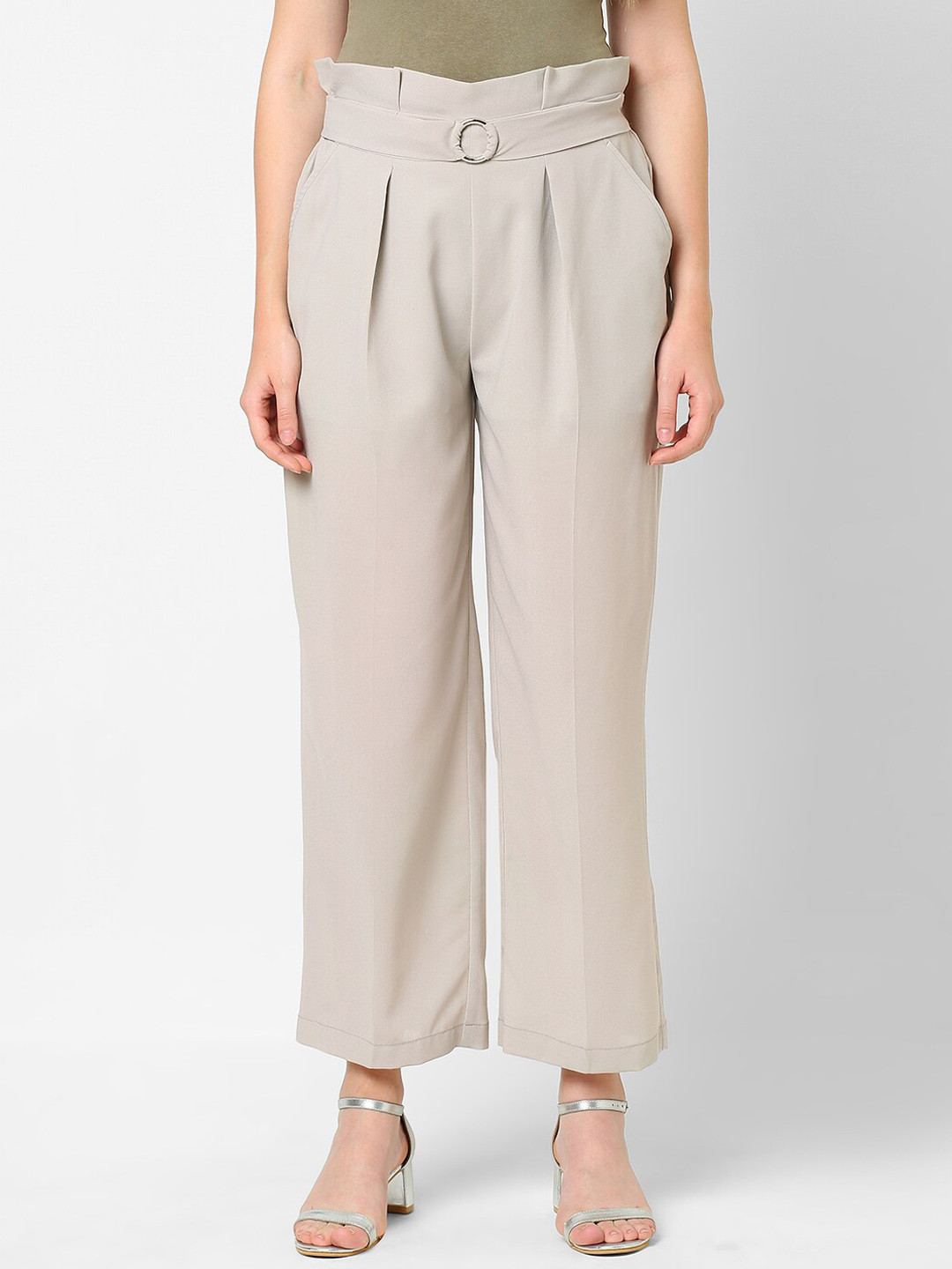MISH Off White Women Smart Tapered Fit Easy Wash Cropped Trousers