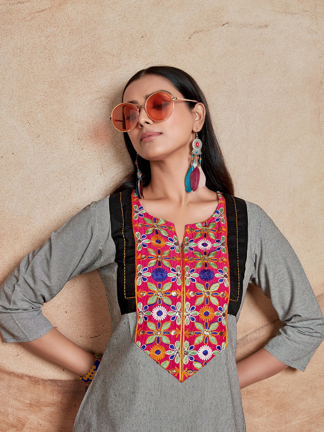 Sangria Floral Embroidered Notch Neck High Low Kurta