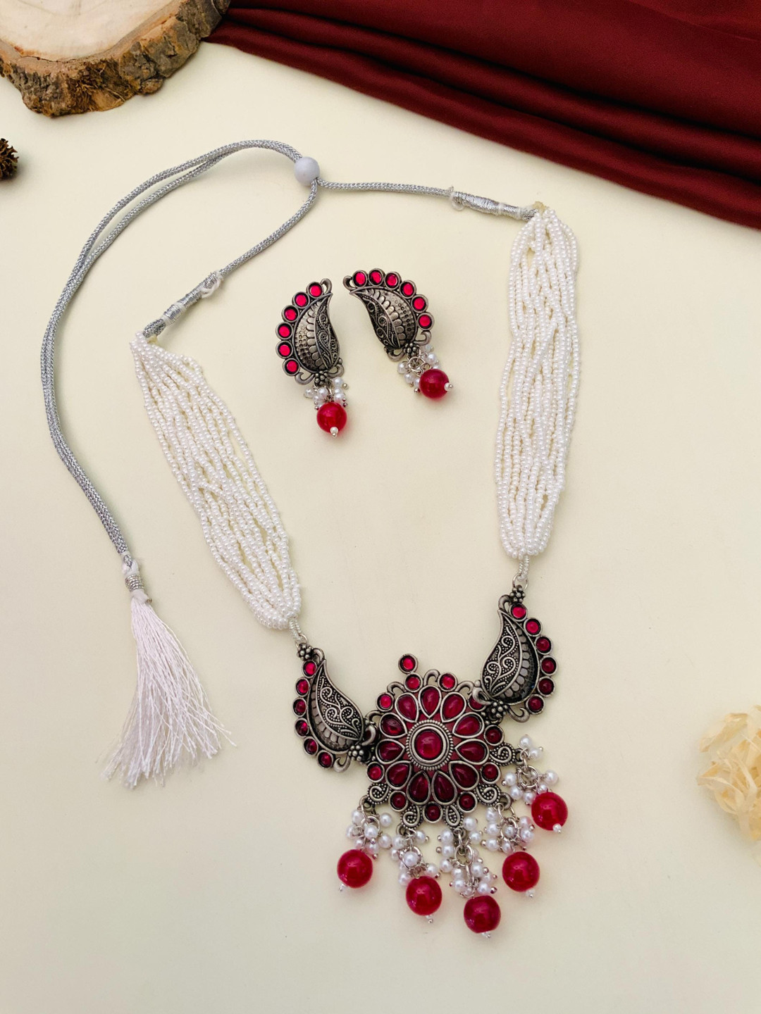 Anouk White German Silver-Plated Stones-Studded & Beaded Jewellery Set