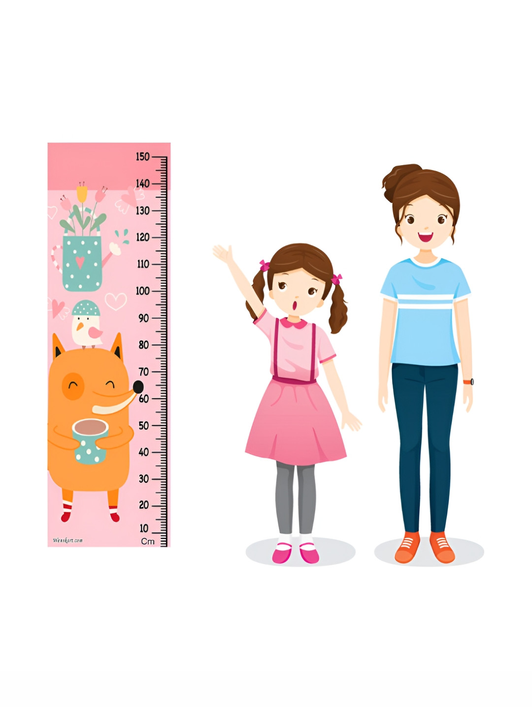 WENS Pink & Orange Cartoon Fox Printed Height Chart Wall Sticker