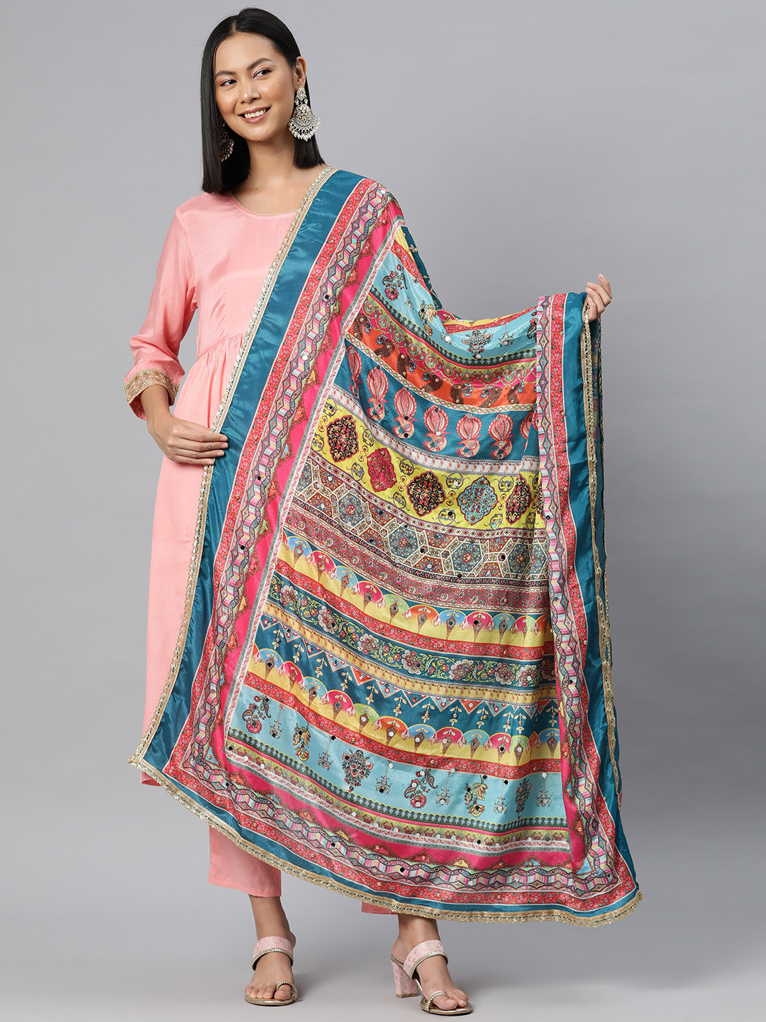SWI Stylish Ethnic Motifs Printed Dupatta with Mirror Work
