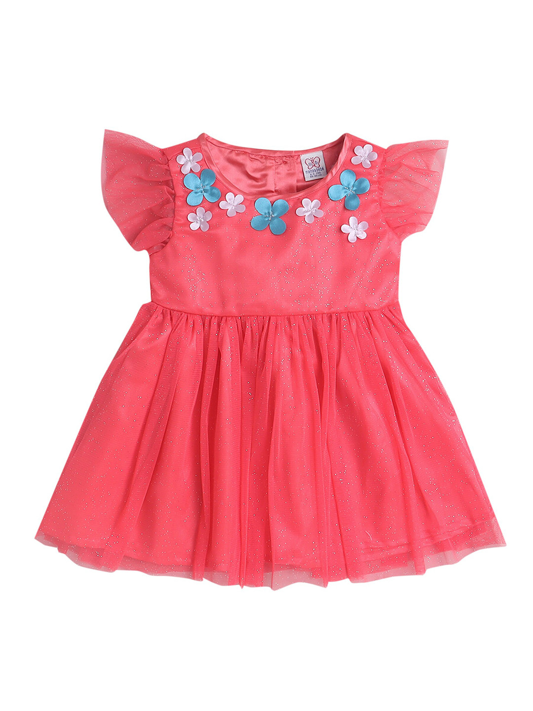 mama & bebe Floral Round Neck Short Sleeves Flared Sleeve Net Fit & Flare Dress