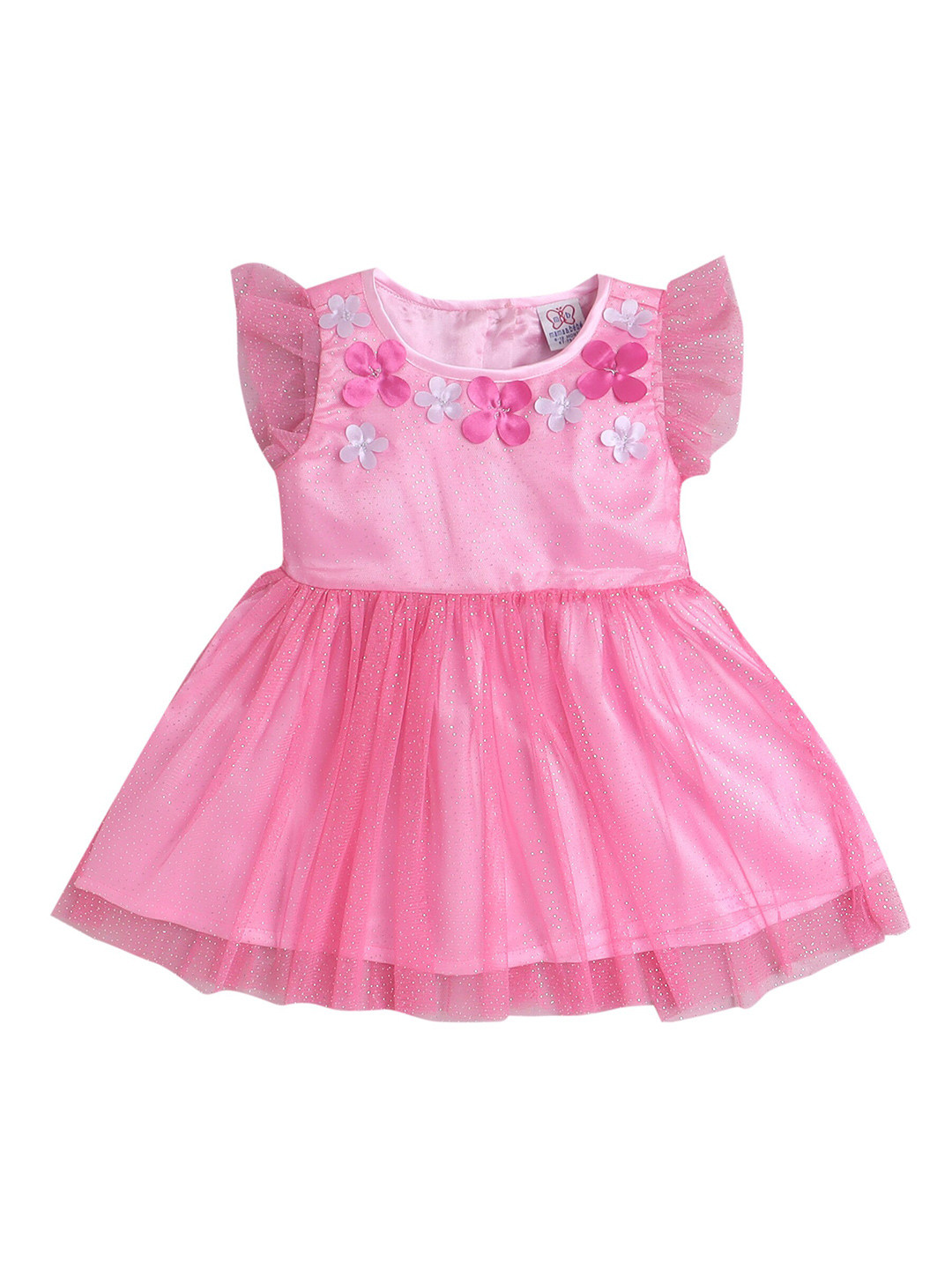 mama & bebe Floral Round Neck Short Sleeves Flutter Sleeve Net Fit & Flare Dress