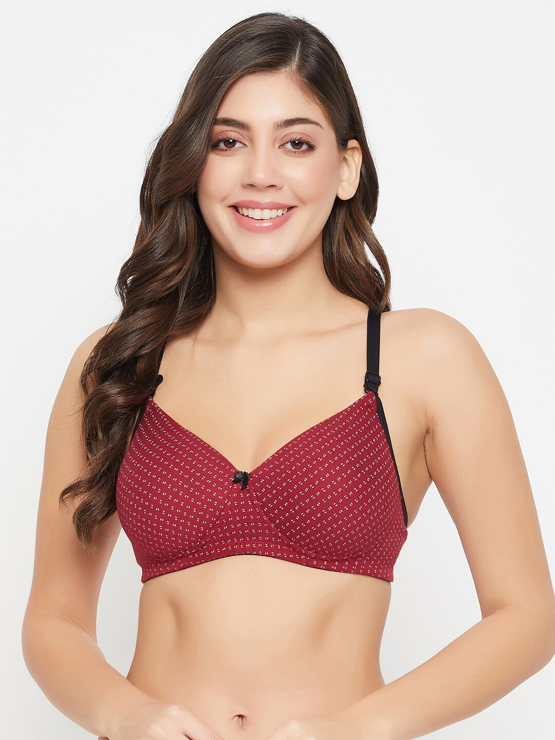 Clovia Maroon Printed Full Coverage Lightly Padded Cotton T-shirt Bra With All Day Comfort