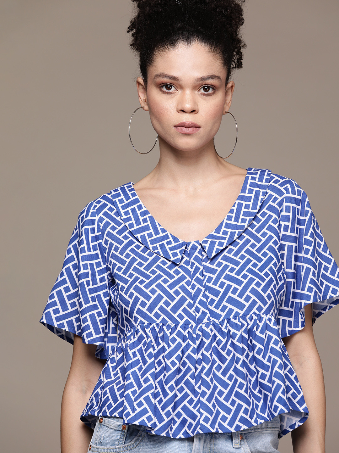 Roadster Geometric Print Peter Pan Collar Peplum Top