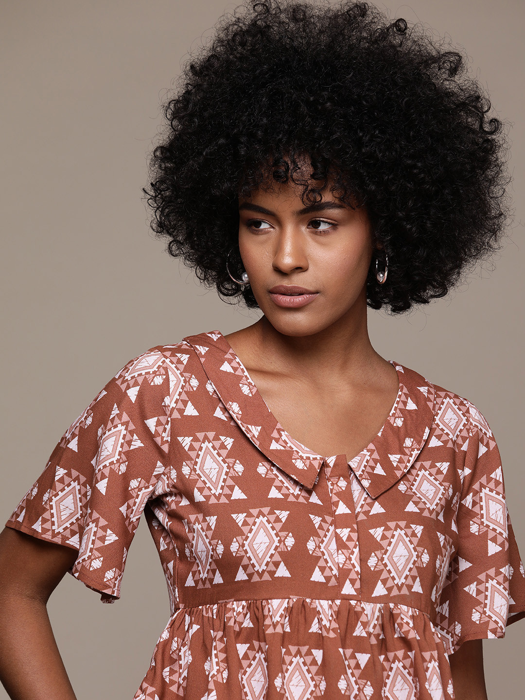 Roadster Geometric Print Peter Pan Collar Flared Sleeves Peplum Top