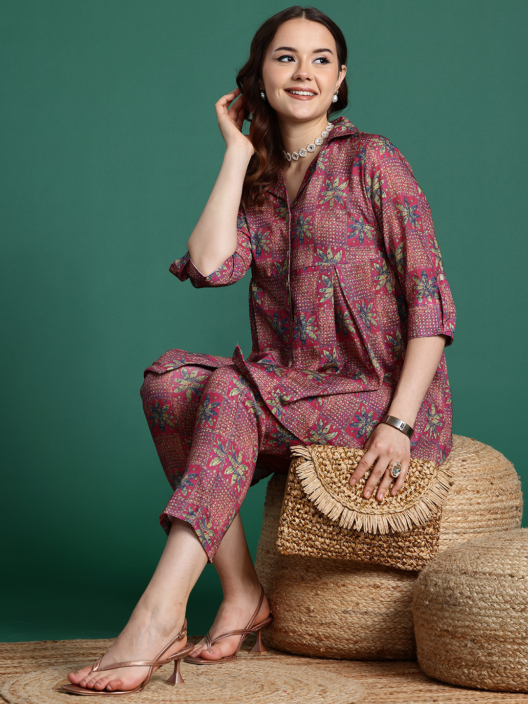 Sangria Ethnic Printed Kurti with Crop Trousers