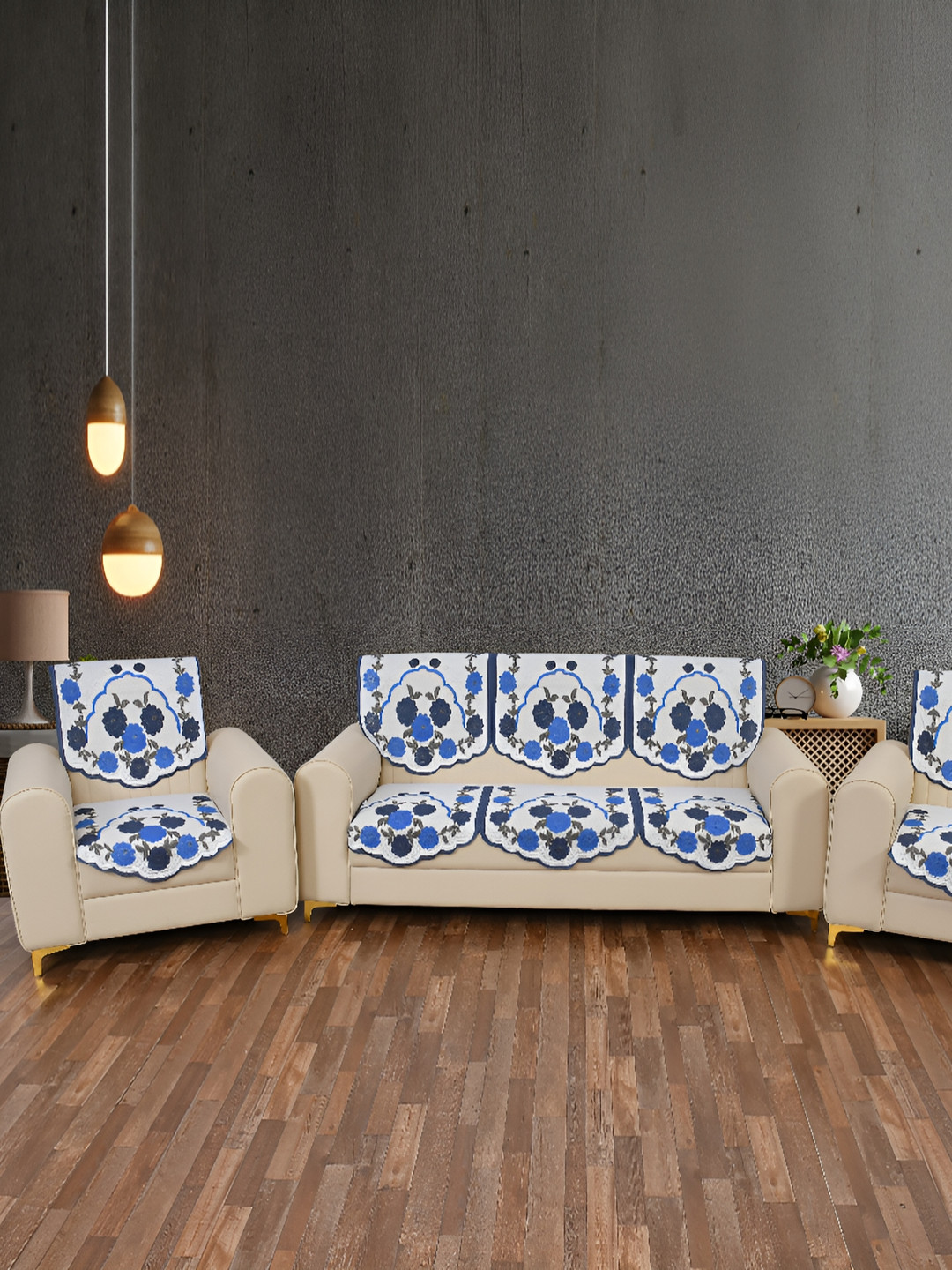 BIGGER FISH Blue 10 Pieces Self Design Sofa Covers