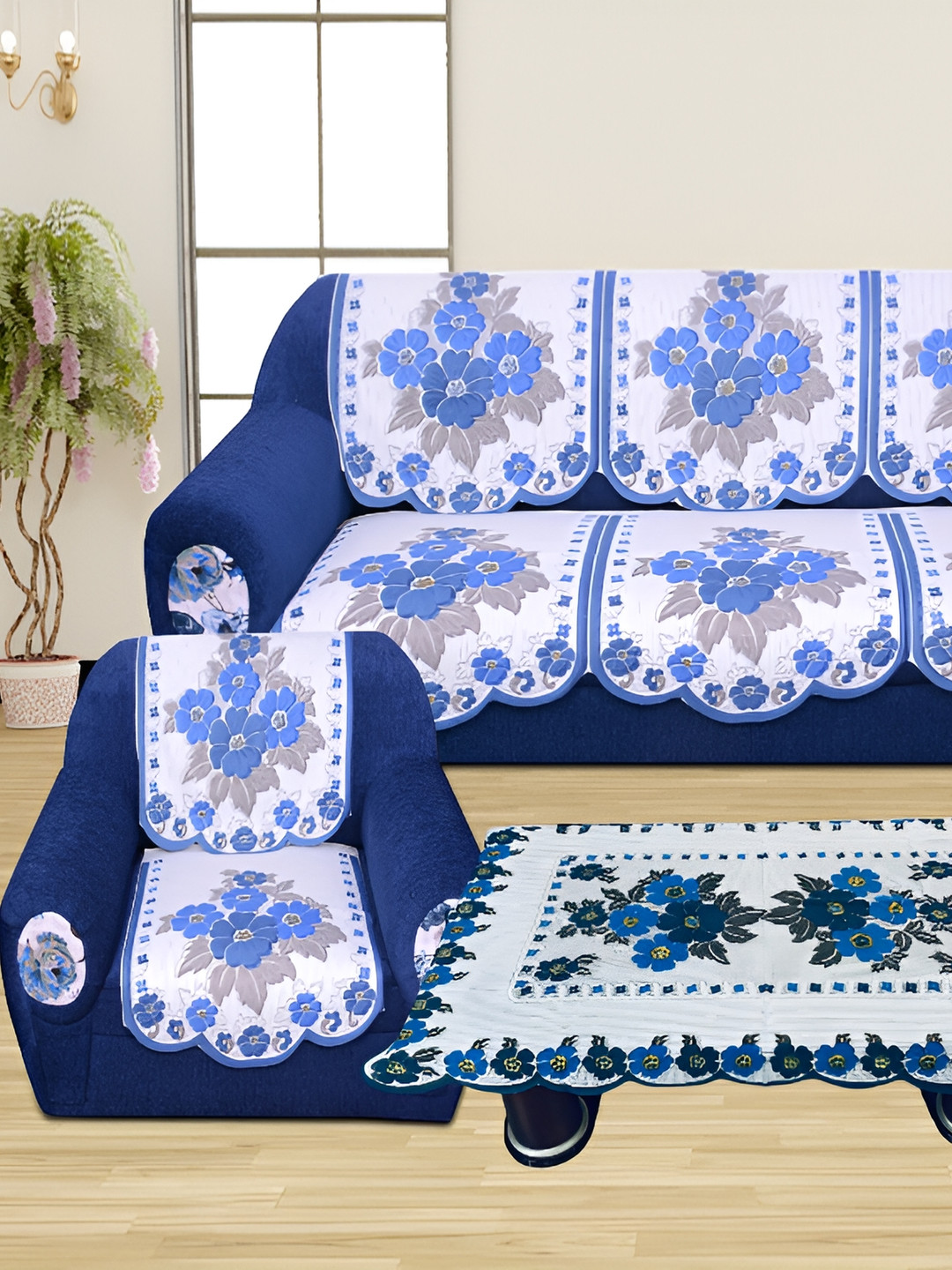 BIGGER FISH Blue 7 Pieces Self Design 5 Seater Sofa Covers