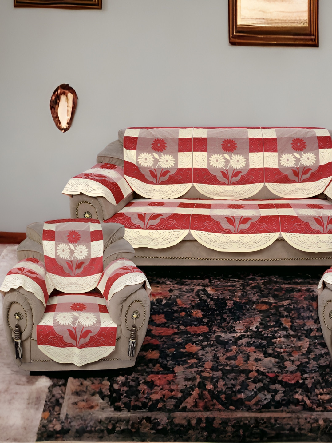 BIGGER FISH Maroon & Beige 6 Pcs 5 Seater Sofa Cover