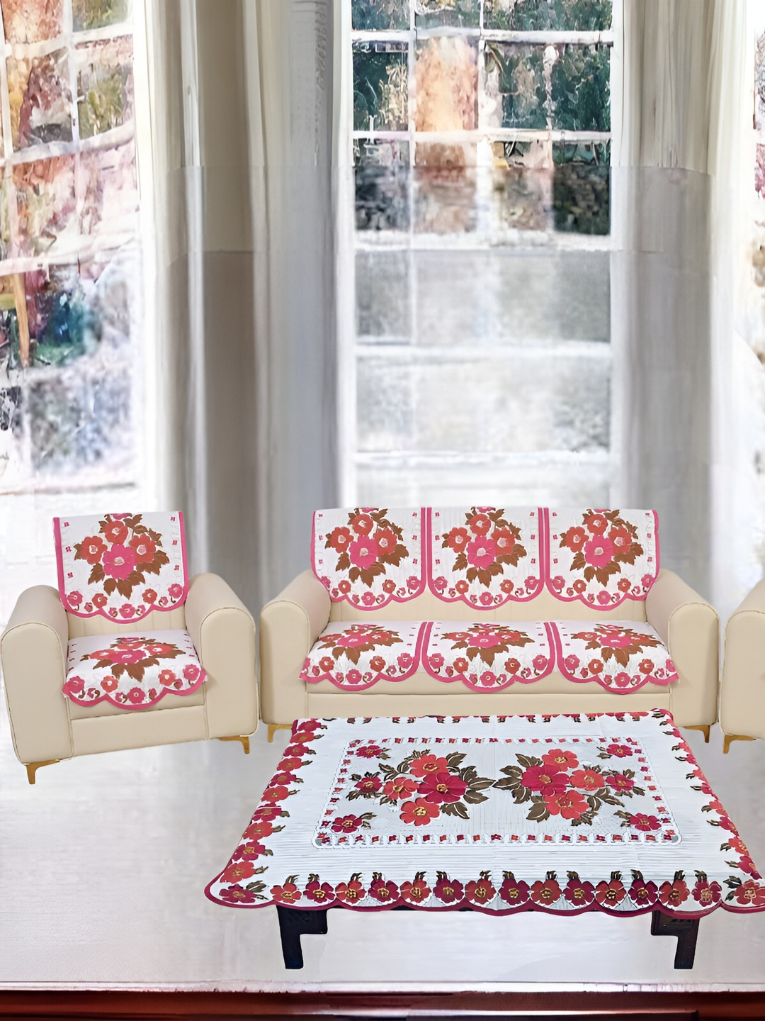 BIGGER FISH Pink and White 10 Pieces Self Designs Sofa Covers