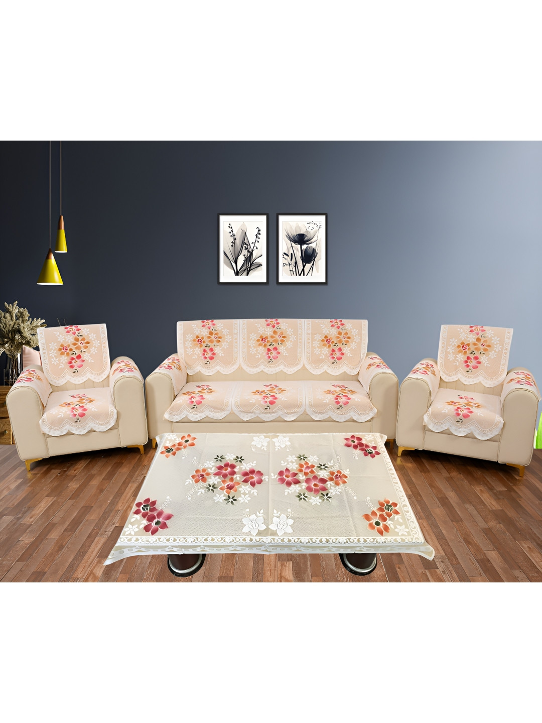 BIGGER FISH Beige 16 Pieces Self Design Sofa Covers