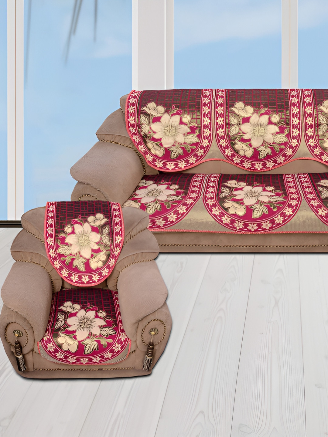 BIGGER FISH Pink and White 6 Pieces Self Design Cotton Sofa Covers