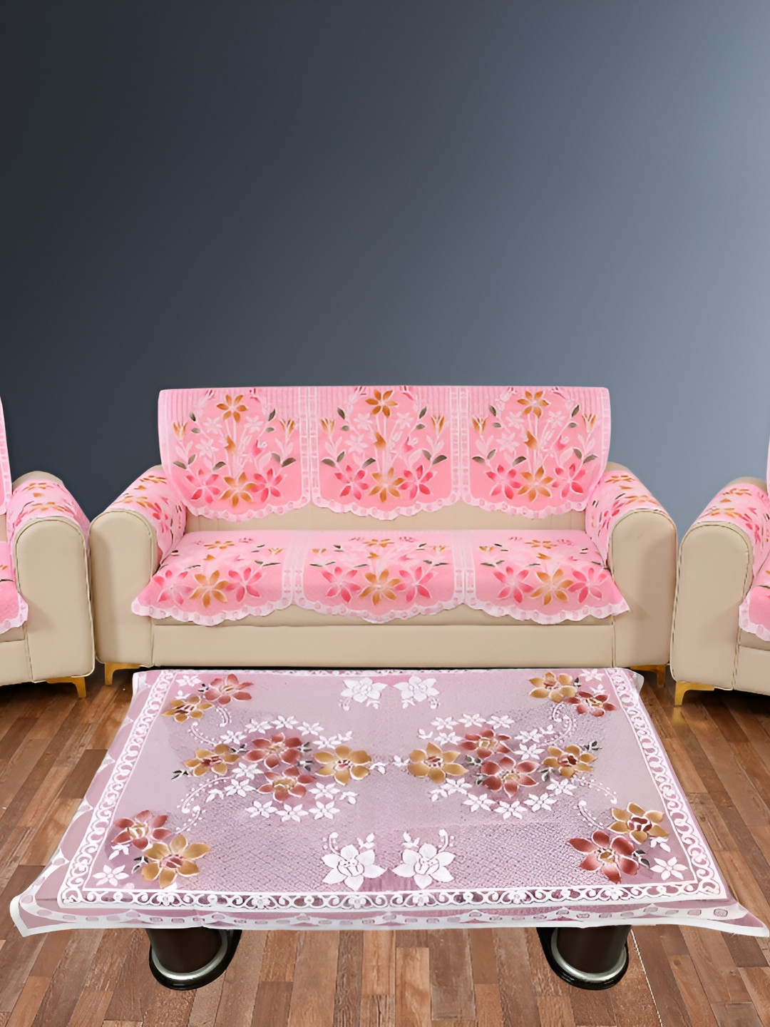 BIGGER FISH Pink and White 16 Pieces Self Design Sofa Covers