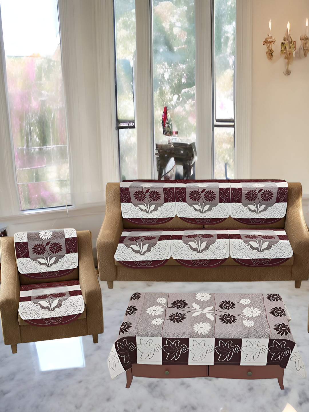 BIGGER FISH Brown 12 Pieces Self Design 5 Seater Sofa Cover