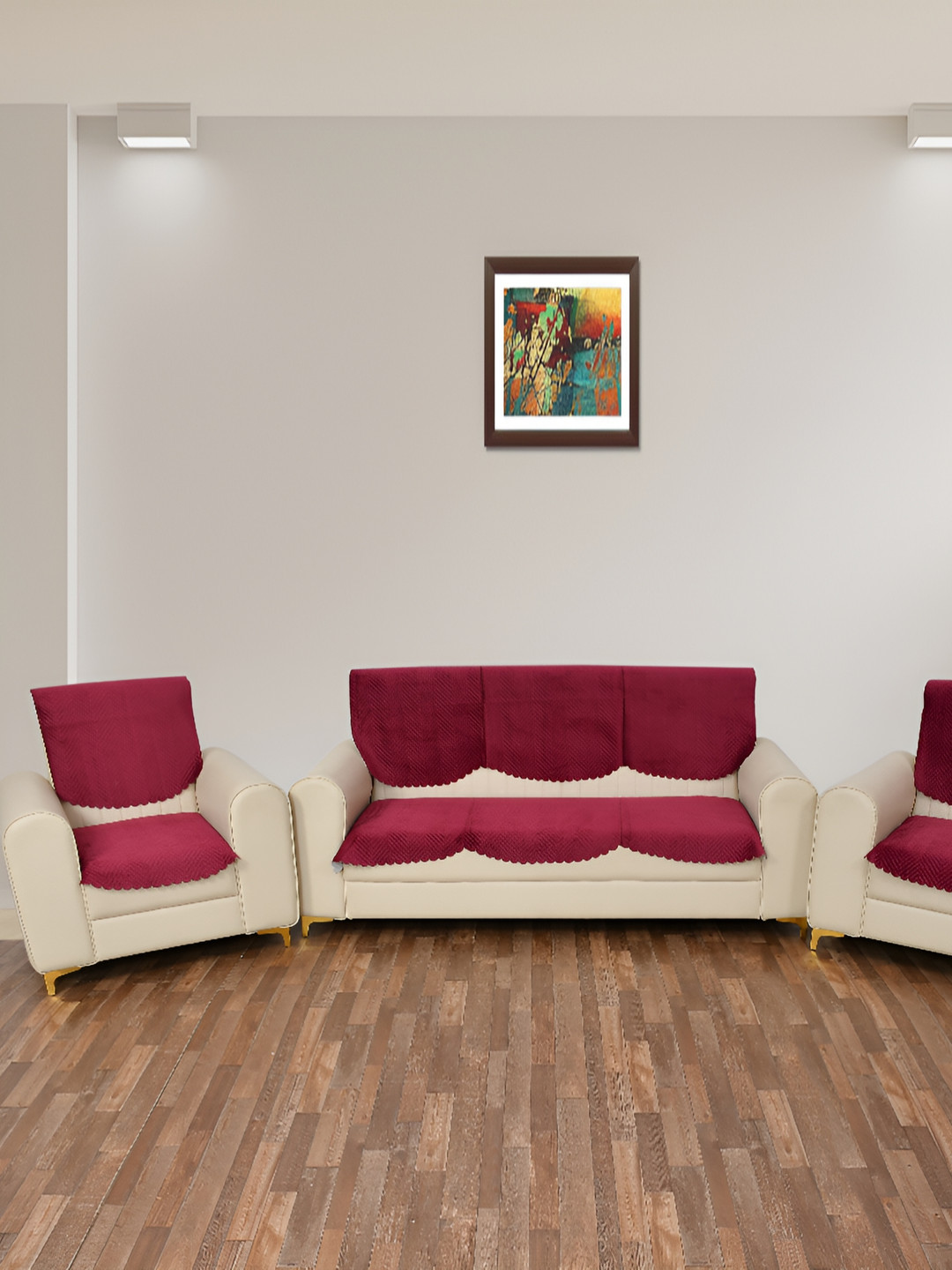 BIGGER FISH Maroon Floral Self Design 10 Pcs 5 Seater Sofa Cover