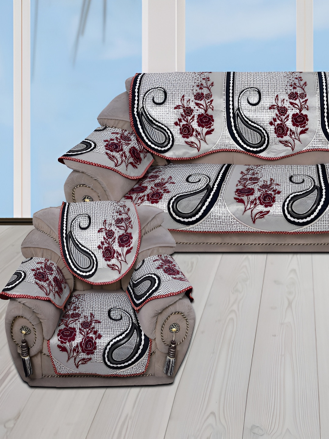 BIGGER FISH Maroon 6 Pieces 3 Seater Sofa Cover