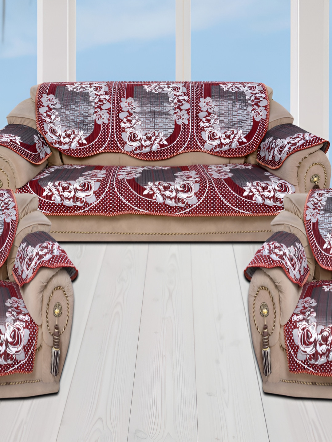 BIGGER FISH Maroon 6 Pieces 5 Seater Sofa Cover