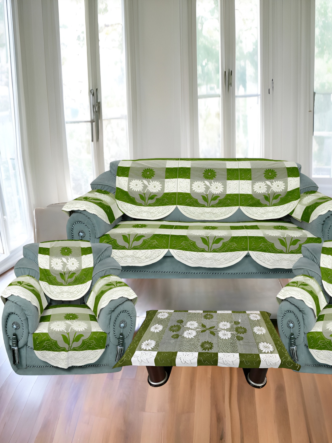 BIGGER FISH Green 16 Pieces Self Design 5 Seater Sofa Covers