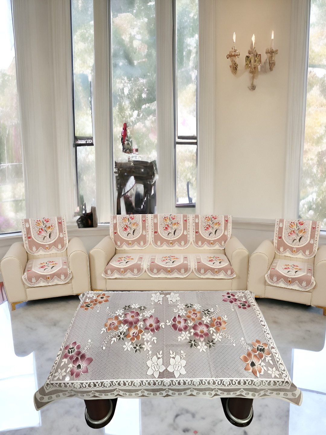 BIGGER FISH Beige and Brown 10 Pieces Self Design Sofa Covers