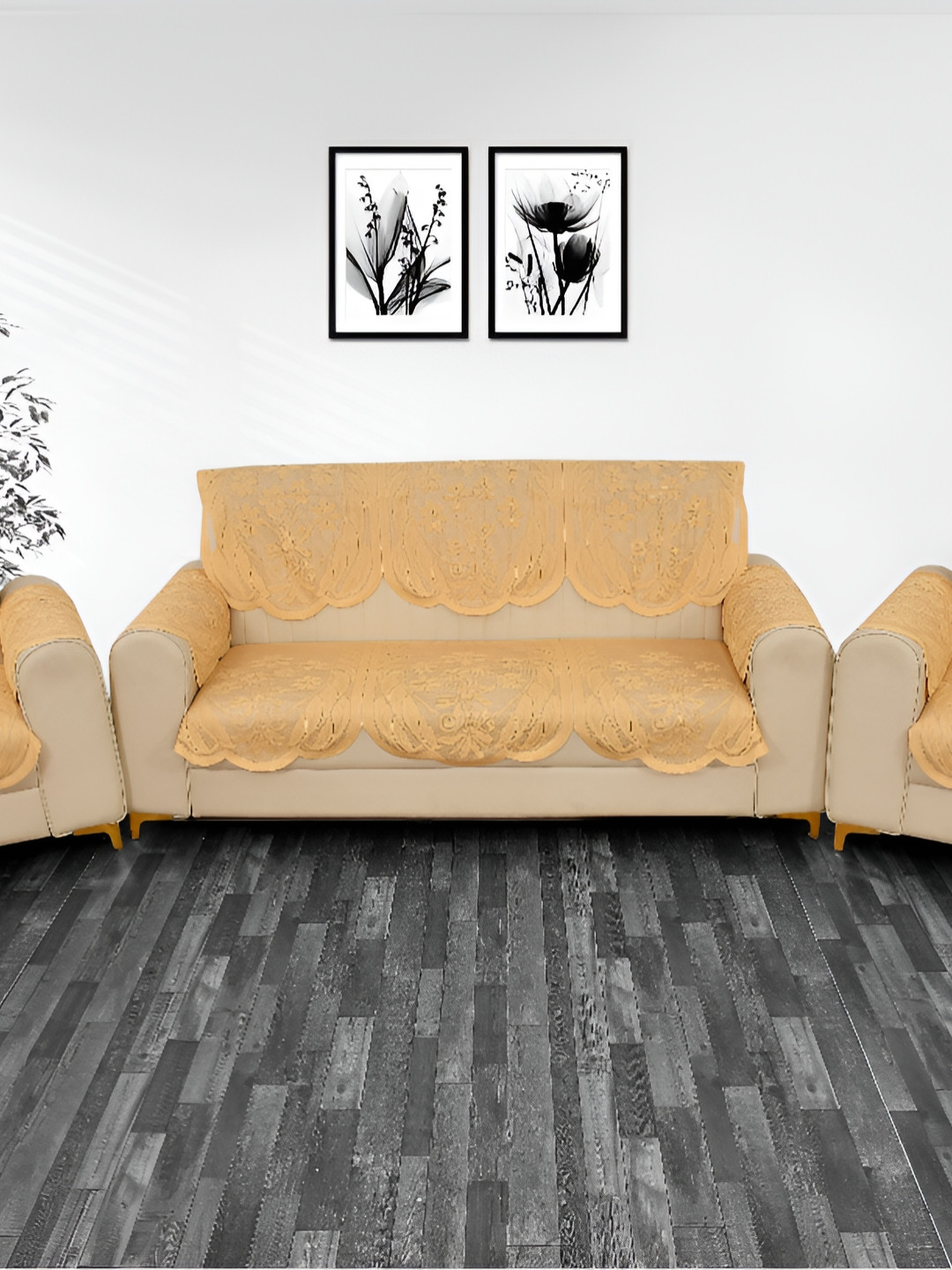 BIGGER FISH Gold-Toned Floral 10 Pieces 5 Seater Sofa Cover