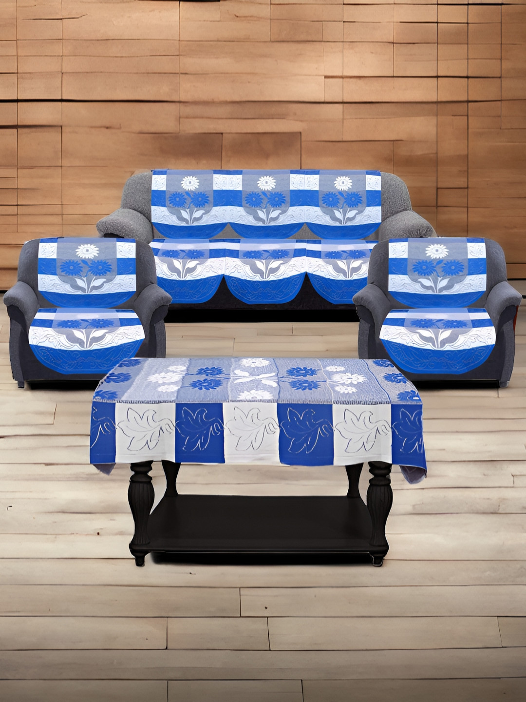 BIGGER FISH Blue & White Floral Embroidered 10 Pcs 5 Seater Sofa Cover