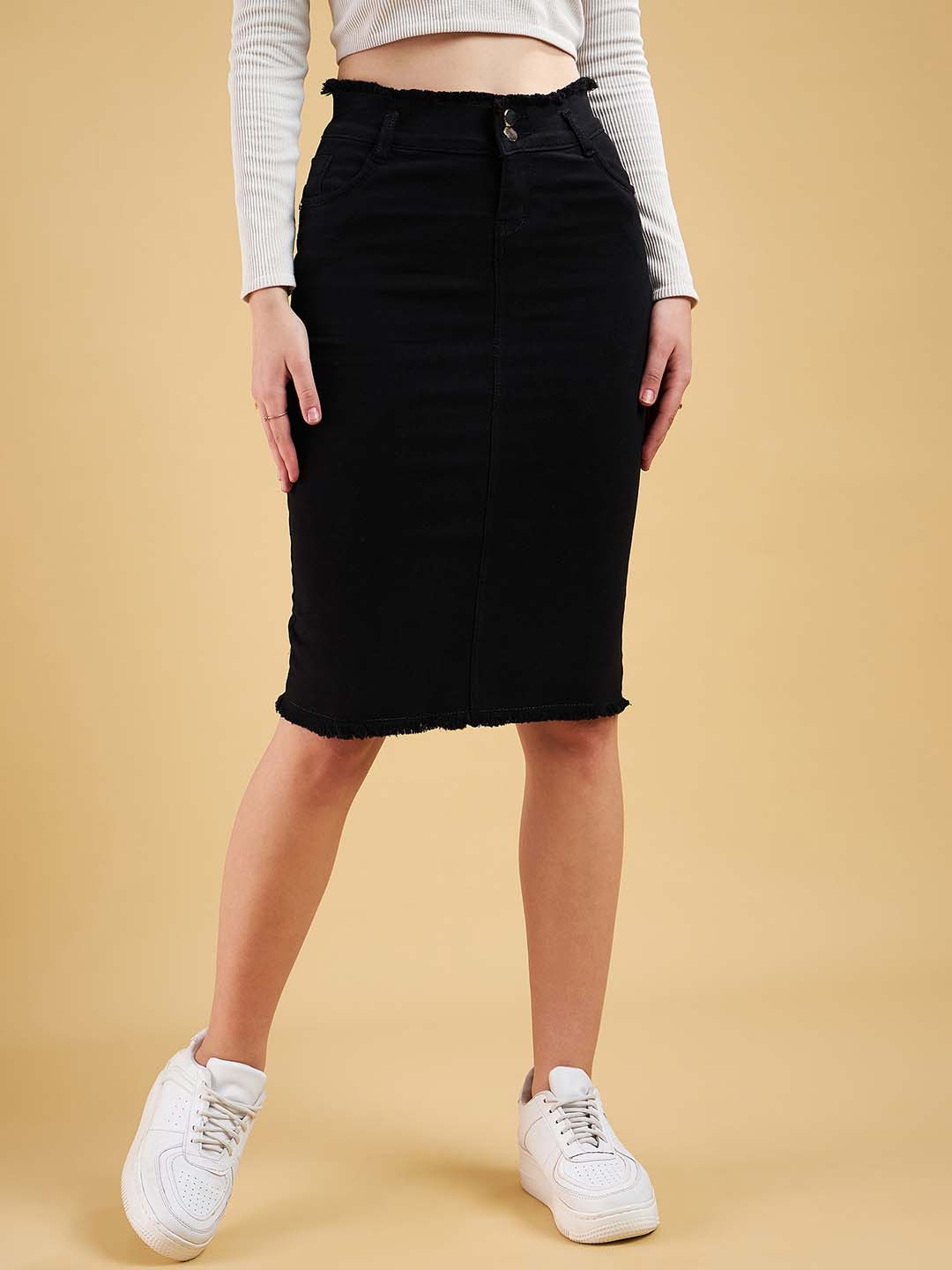 Purple Feather Denim Pencil Knee length Skirts