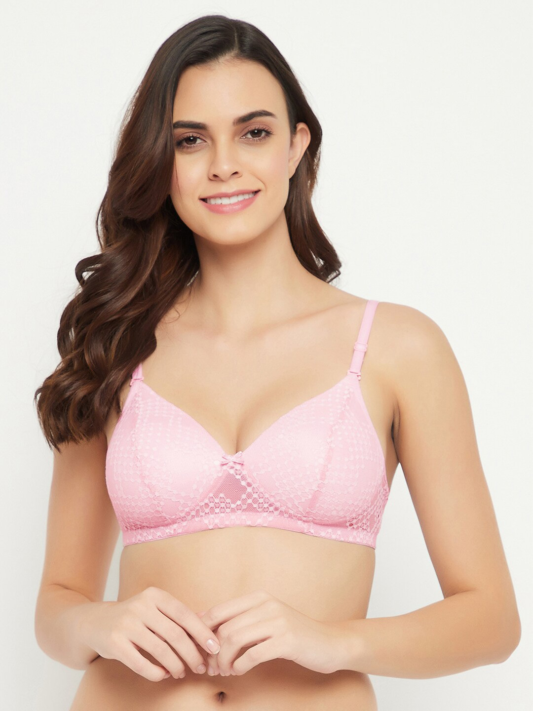 Clovia Pink Floral Lace Full Coverage Lightly Padded T-shirt Bra With All Day Comfort