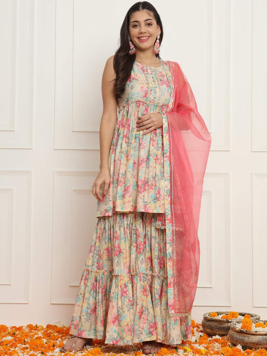 Meeranshi Round Neck Sleeveless Floral Printed Pure Silk Kurti with Sharara & Dupatta